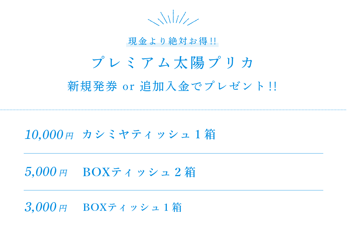 現金より絶対お得‼プレミアム太陽プリカ 新規発券 or 追加入金でプレゼント‼ 【10,000円】カシミヤティッシュ2箱+除菌ハンドジェル【5,000円】食器洗剤キュキュット1本+除菌ハンドジェル【3,000円】BOXティッシュ1箱