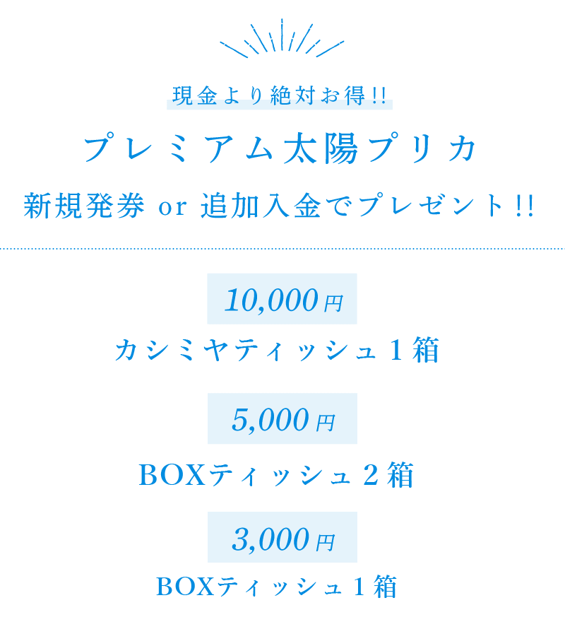 現金より絶対お得‼プレミアム太陽プリカ 新規発券 or 追加入金でプレゼント‼ 【10,000円】カシミヤティッシュ2箱+除菌ハンドジェル【5,000円】食器洗剤キュキュット1本+除菌ハンドジェル【3,000円】BOXティッシュ1箱